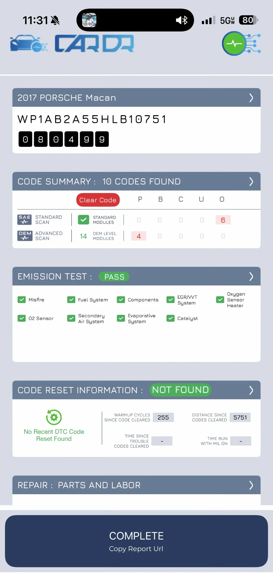 OBD IQ ULTRA app code summary screen