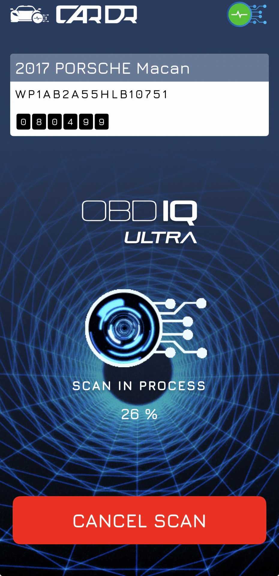OBD IQ ULTRA app scan in process screen