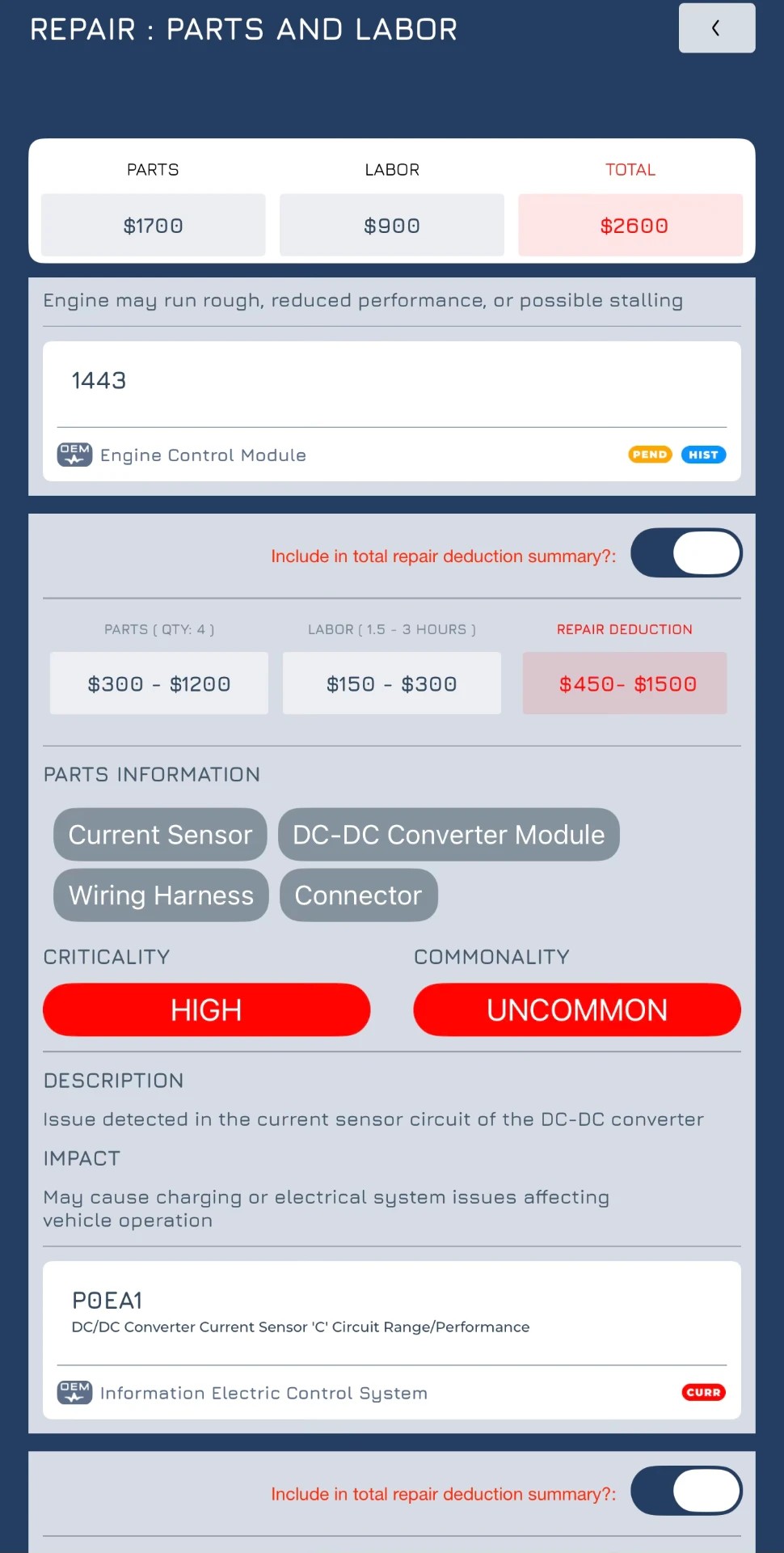 OBD IQ ULTRA app repair parts and labor summary screen