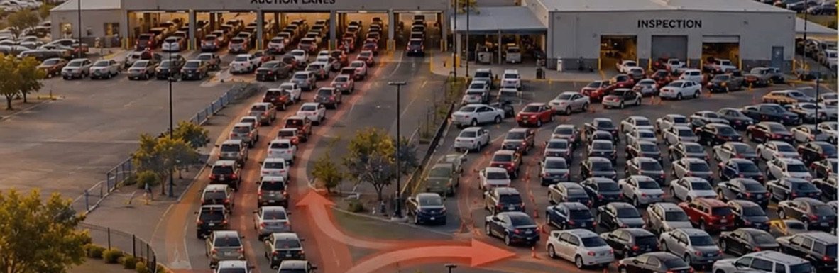 Aerial view of vehicles at an auction lot