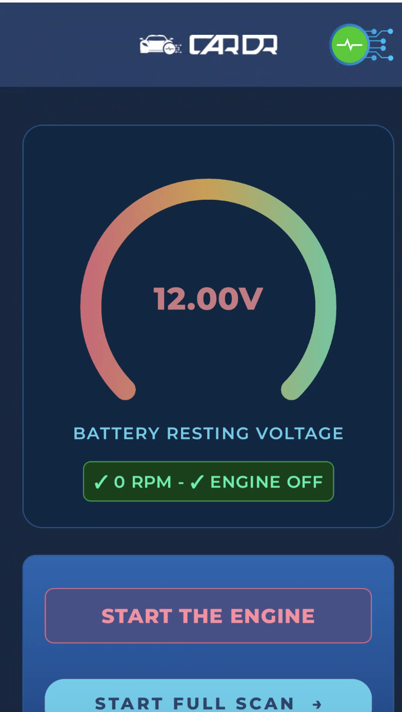 CarDr OBDIQ app showing the battery and system voltage check performed before the OEM-level scan.