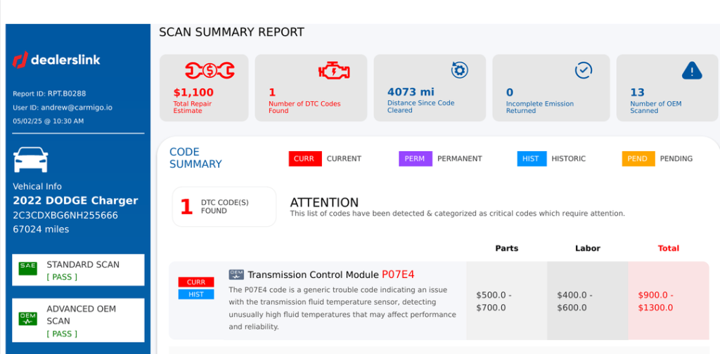 Partner logo displayed inside the app with branded diagnostic reports delivered by secure link
